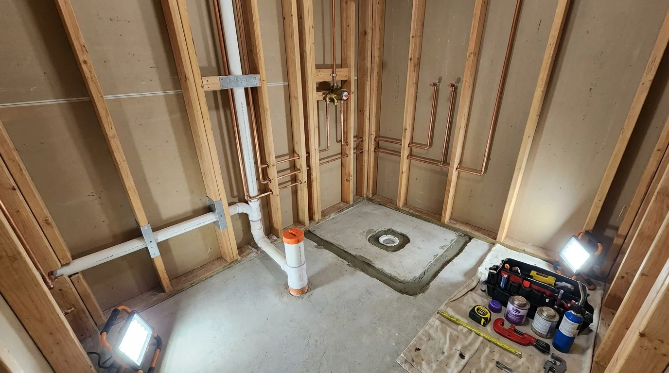 Bathroom rough-in plumbing during remodel by Johns Plumbing LLC in Country Club Hills