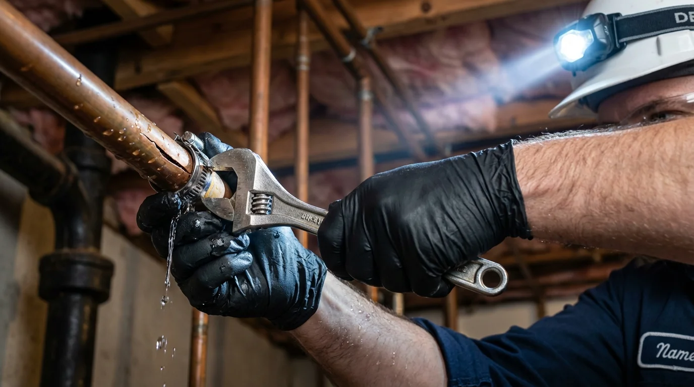Emergency pipe clamp repair being performed by a Johns Plumbing LLC plumber in Country Club Hills