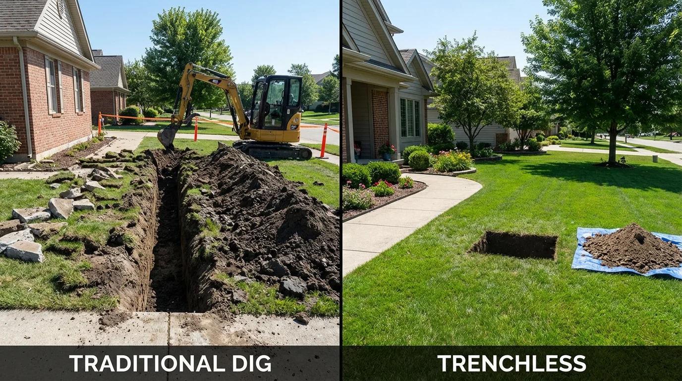 Trenchless sewer repair with minimal yard damage versus traditional excavation in Country Club Hills, IL