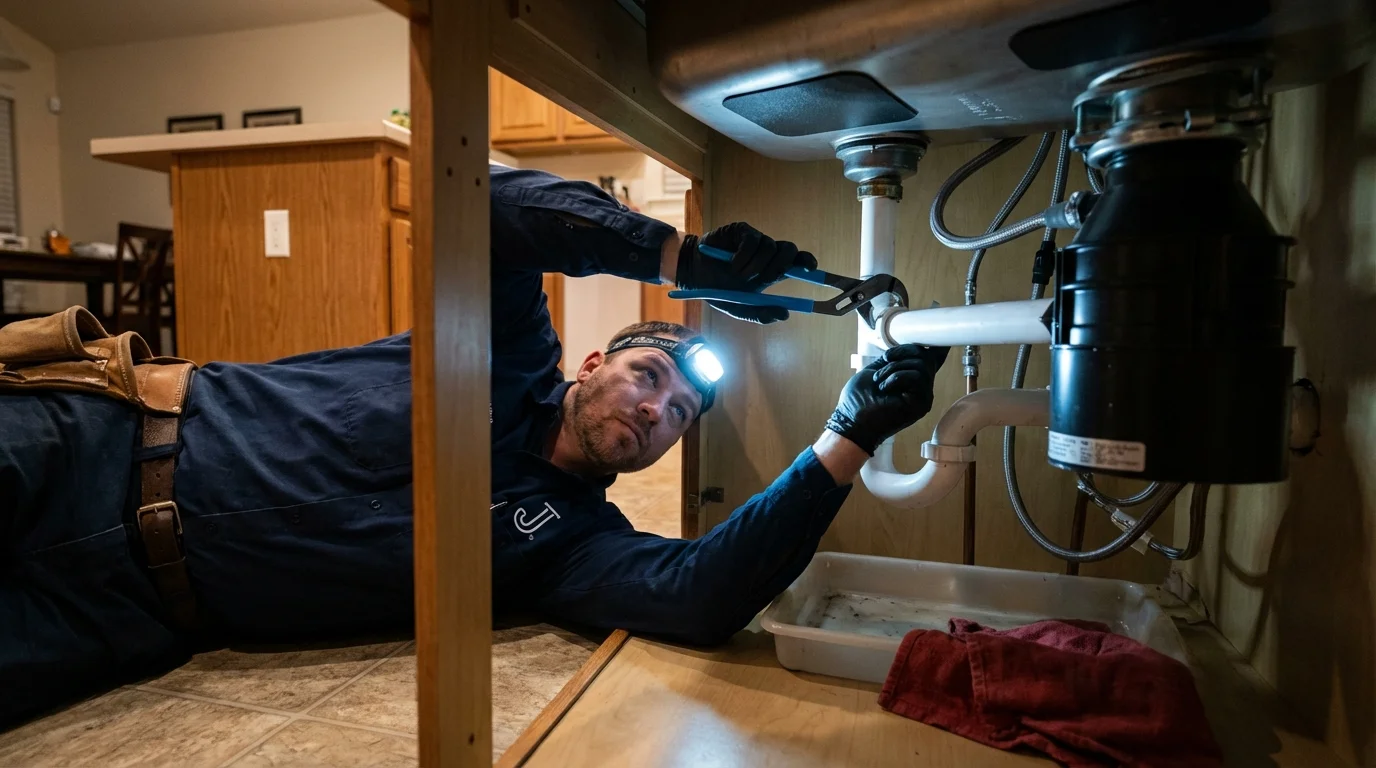P-trap and supply line connections under a kitchen sink showing a common leak point in Country Club Hills, IL